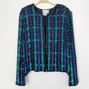 Papell Boutique Evening Vintage Silk Sequin Beaded‎ Plaid Jacket Occasion XL
